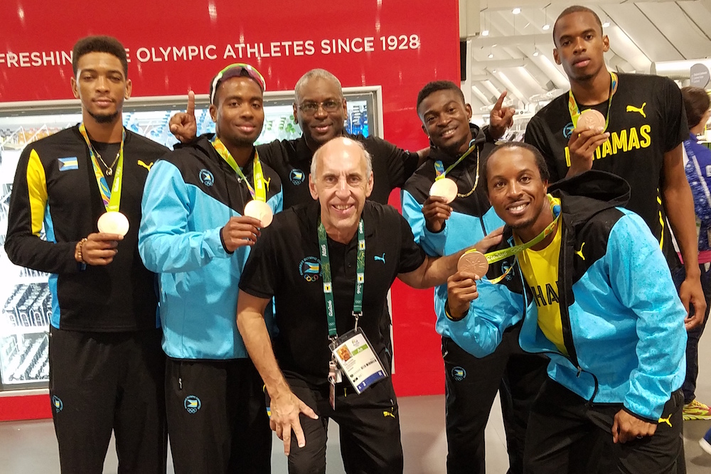 Dr. Claussen and the Bahamas' Mens 4 x 400m Bronze Medalists - Rio 2016.